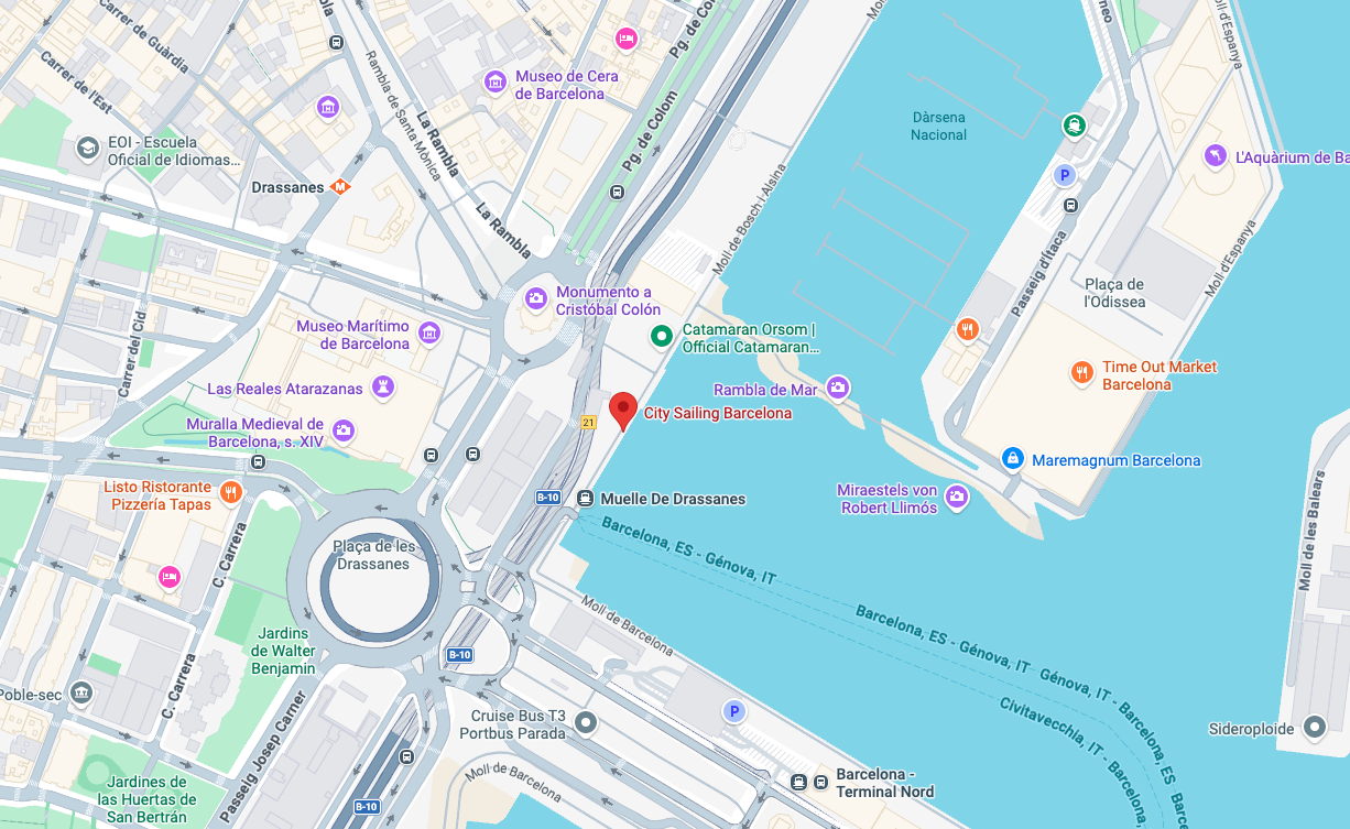 Mapa del punto de encuentro de City Sailing en Moll de les Drassanes, Barcelona