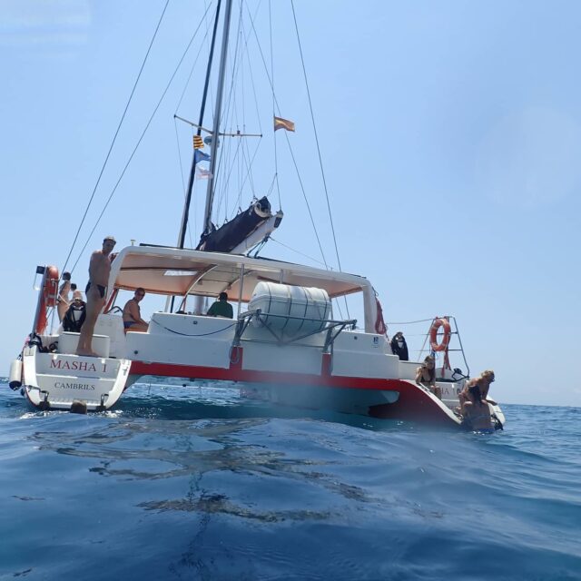 Catamarán Masha de Cambrils con pasajeros nadando y relajándose en la popa