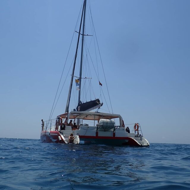 Catamarán Masha fondeado en el mar con pasajeros bañándose desde la plataforma de popa